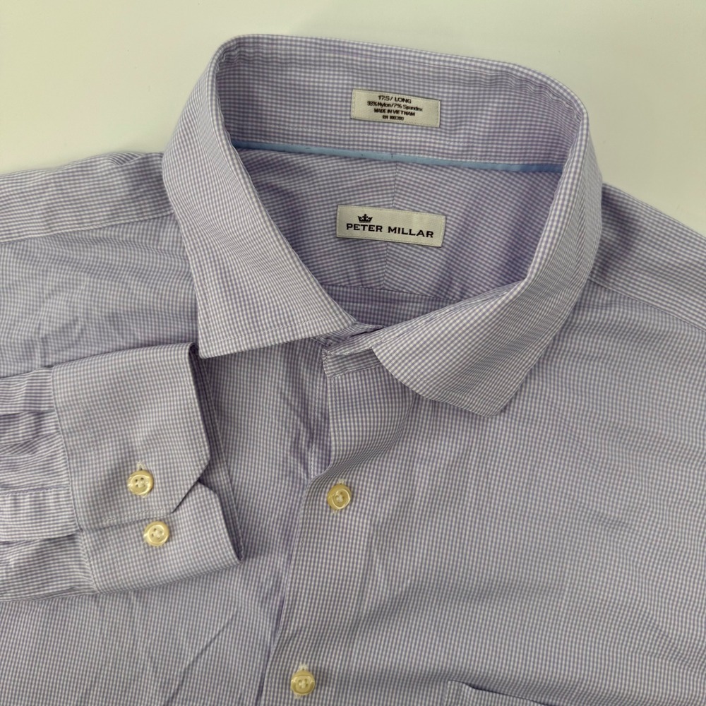 Peter Millar Dress Shirt Mens 17.5 Long Purple Gingham Stretch Performance 9281